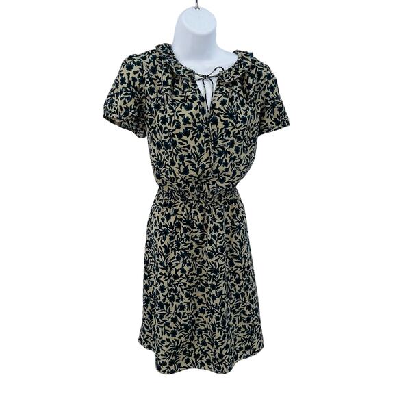 Ann Taylor LOFT Tan/Blue/Black Knee Length Floral Dress WMNS M Ruffle Tie Neck - Picture 1 of 12